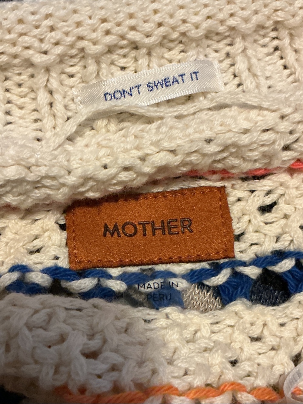 MOTHER Cream Crochet Crew Sweater with Blue and Orange Trim - Picture 2 of 9